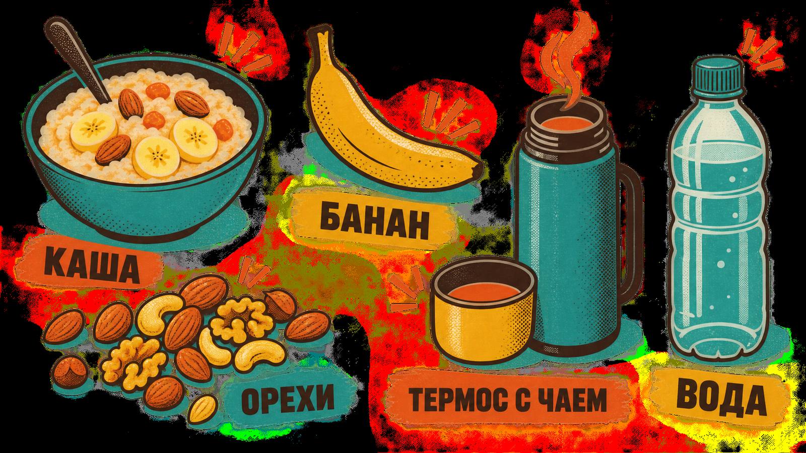 Миска каши с бананом, горсть орехов, термос с кружкой и бутылка воды — подписи «КАША», «БАНАН», «ОРЕХИ», «ТЕРМОС С ЧАЕМ», «ВОДА»