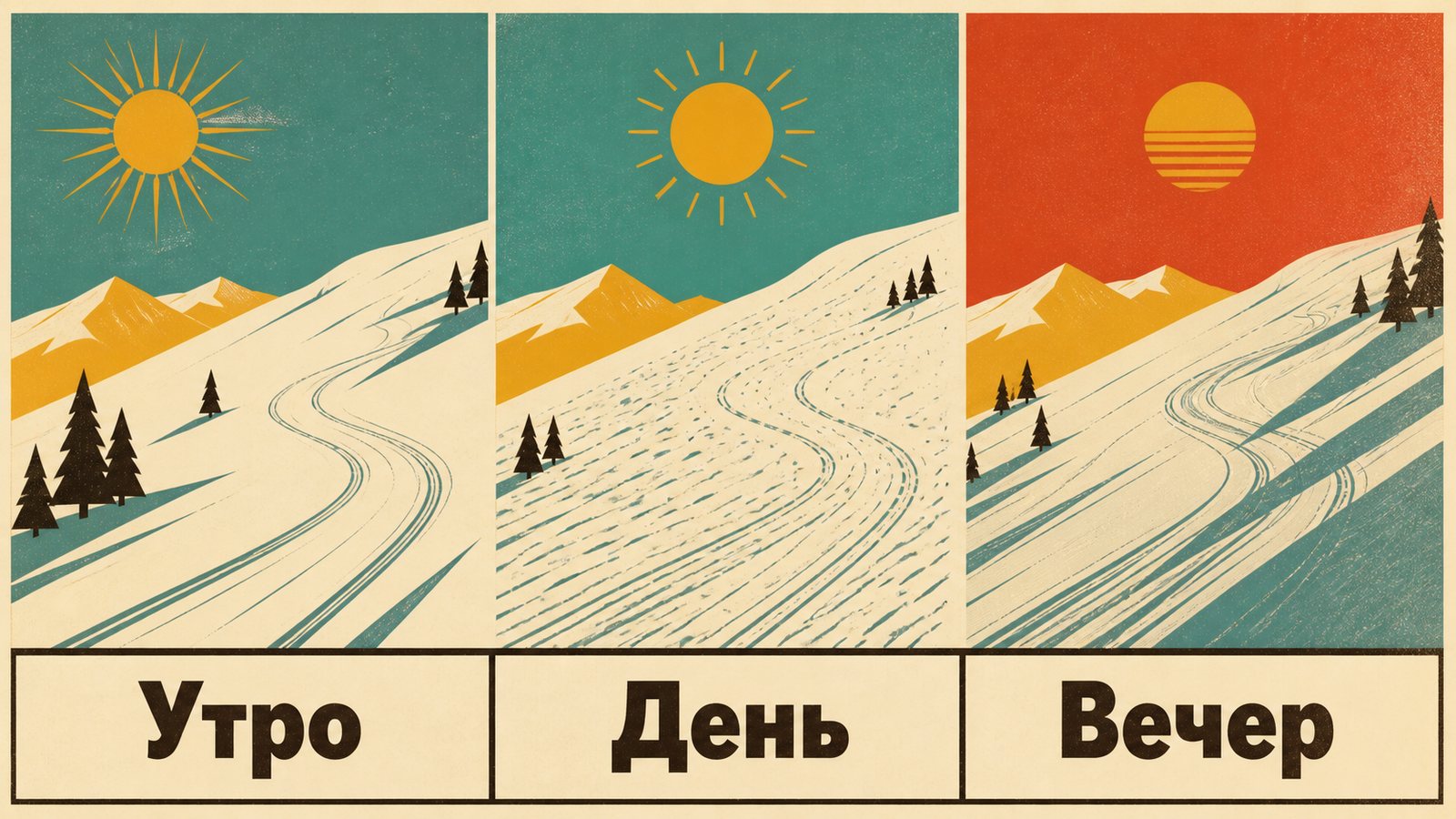 Один склон в трёх кадрах с подписями «Утро», «День», «Вечер»: гладкий вельвет, разбитые следы и глубокие борозды под красным небом