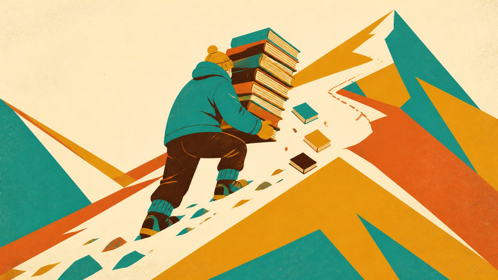 Человек в шапке с помпоном тащит в гору охапку книг, несколько уже свалились на тропу позади, впереди петляет заснеженный гребень