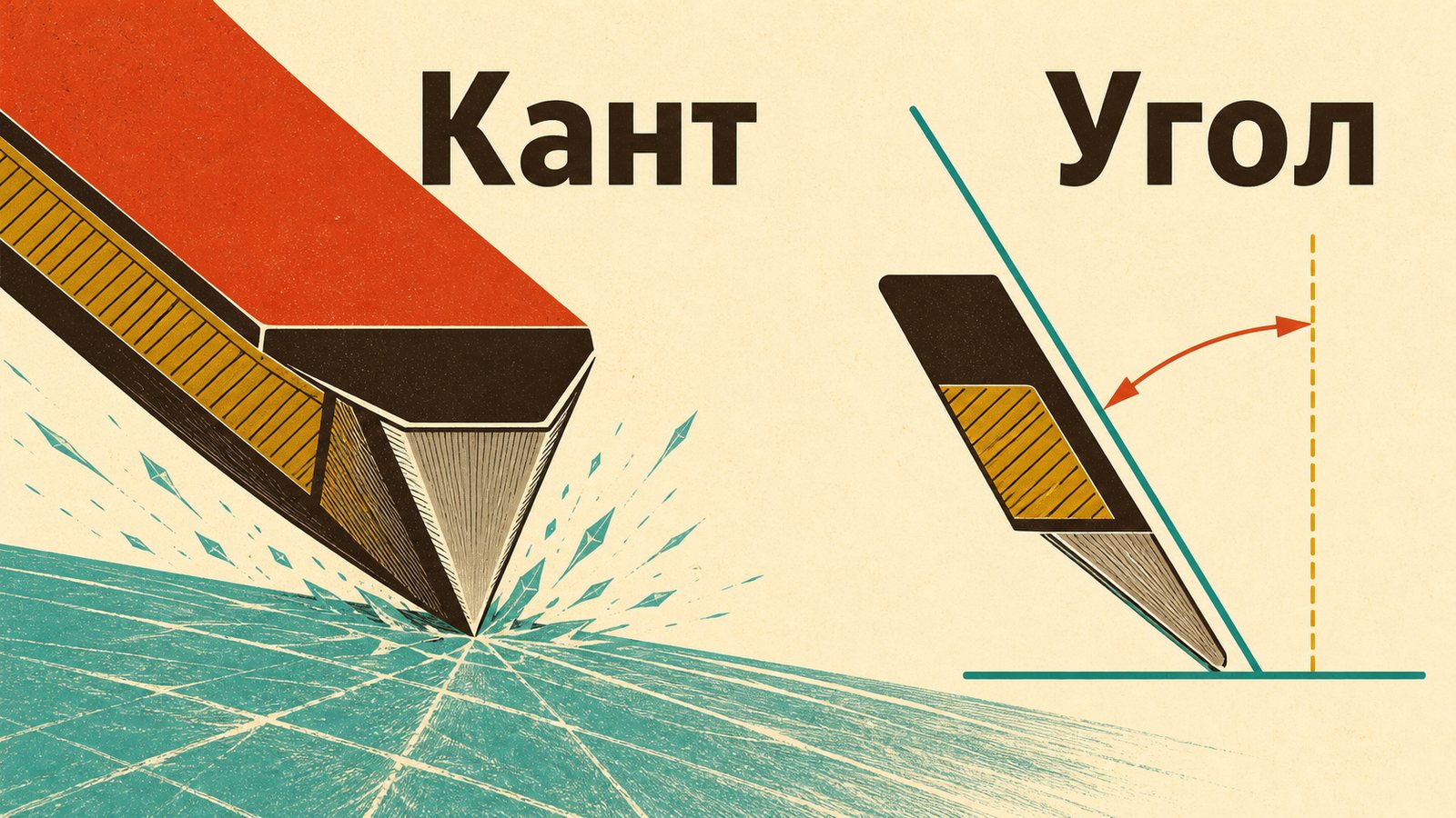 Кант лыжи крупным планом врезается в голубой лёд, во все стороны летят осколки; рядом схема наклона со стрелкой, подписи «Кант» и «Угол»