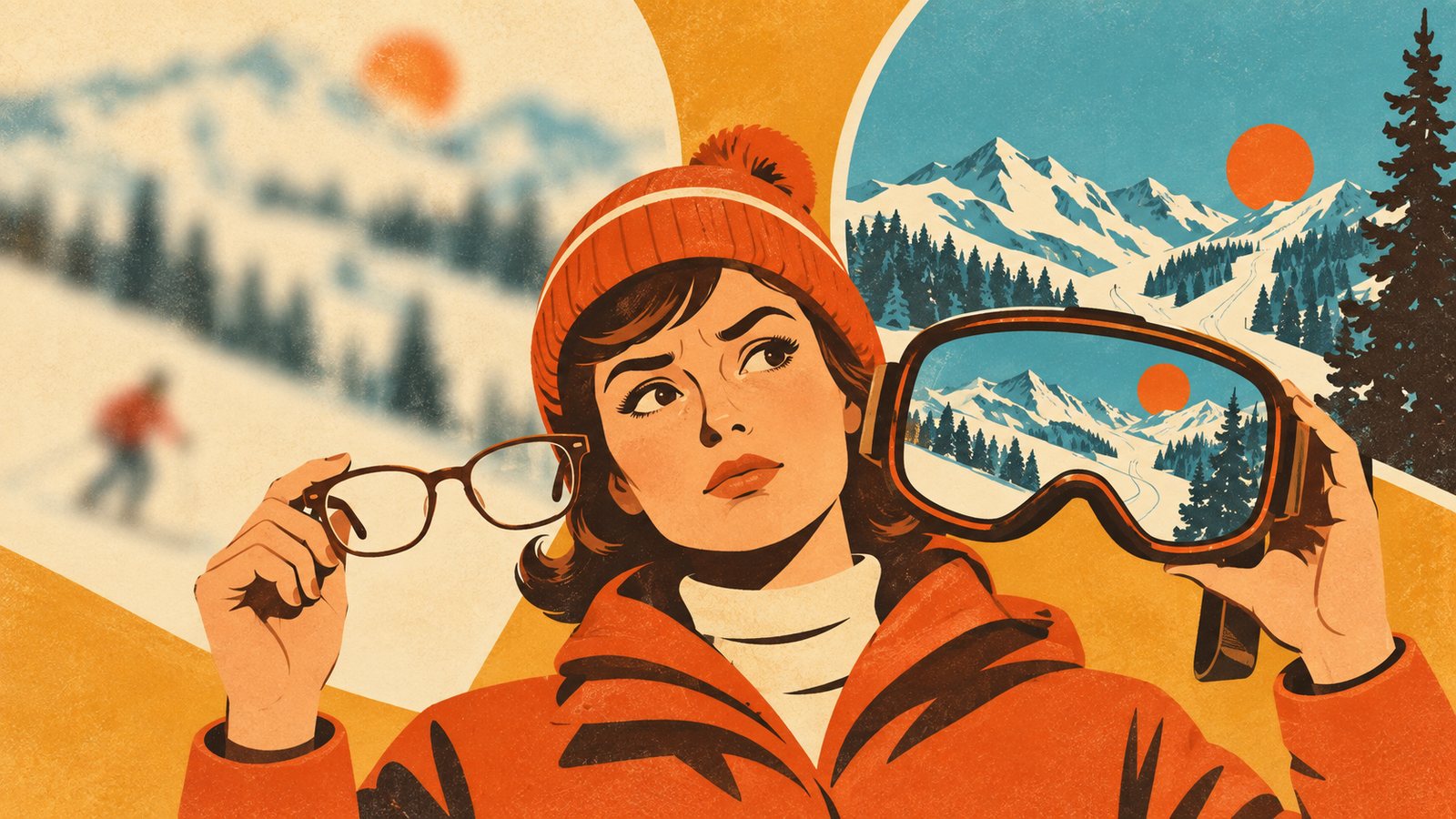 Иллюстрация к материалу: Без очков склон превращается в размытое пятно, а с ними маска не налезает
